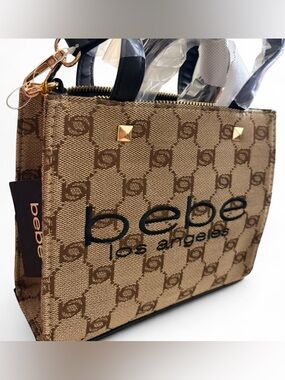 BRAND NEW W/ TAGS Bebe Taupe and Dark Brown Logo Jacquard Mini Tote
